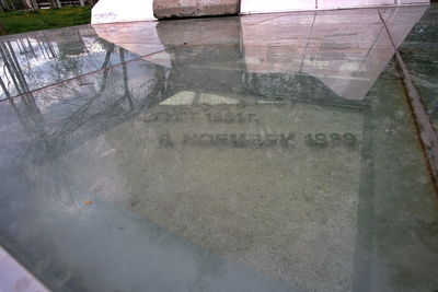 High angle view of reflection in puddle on glass window