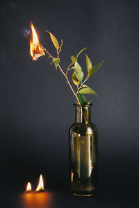 Close-up of lit candles on table