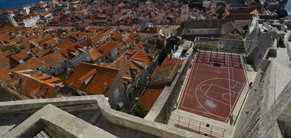 High angle view of buildings in town