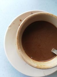 High angle view of coffee cup on table