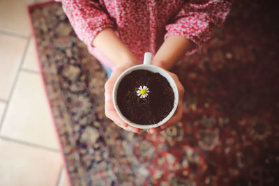 Directly above shot of woman holding tea cup