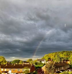 Scenic view of rainbow over houses against sky