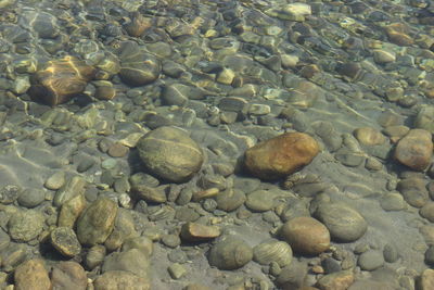 High angle view of stones in sea