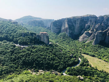 High angle view of trees and mountains against sky