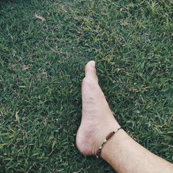 Close-up of hand on grass