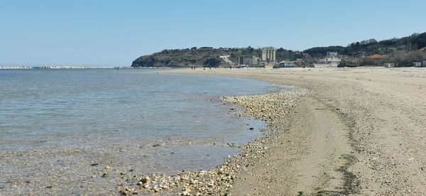 Scenic view of beach against clear sky