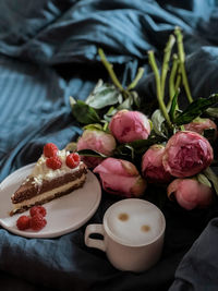 High angle view of strawberries on table