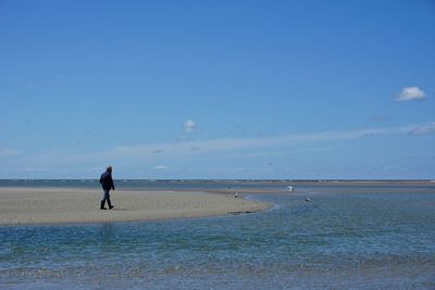 Man walking at beach against sky