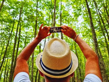 Man from behind with hat photographs the forest with his smartphone