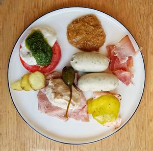 High angle view of breakfast served on table