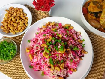 High angle view of salad in bowl on table