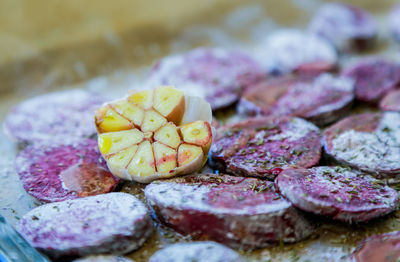 Close-up of chopped sweet potato on cutting board 