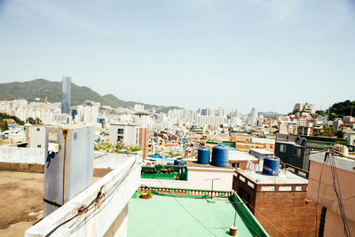 High angle view of cityscape against clear sky