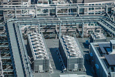 High angle view of modern buildings in city