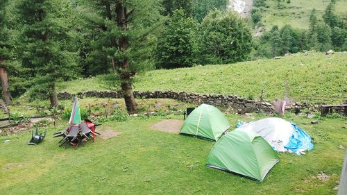 High angle view of tent on field by trees
