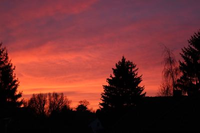 Silhouette trees against romantic sky at sunset