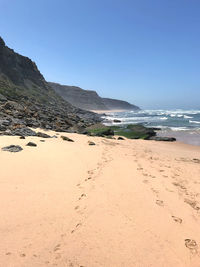 Scenic view of beach against clear sky