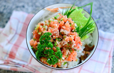 High angle view of salad in bowl on table