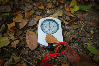 Close-up of navigational compass on field