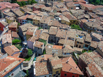 High angle view of buildings in city