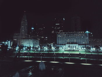 View of city lit up at night