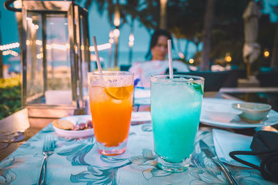 Close-up of beer in glass on table at restaurant