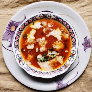 High angle view of soup in bowl on table