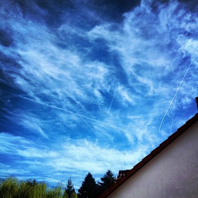 sky, low angle view, cloud - sky, blue, tree, cloud, cloudy, built structure, architecture, high section, building exterior, house, nature, beauty in nature, tranquility, scenics, outdoors, no people, day, tranquil scene