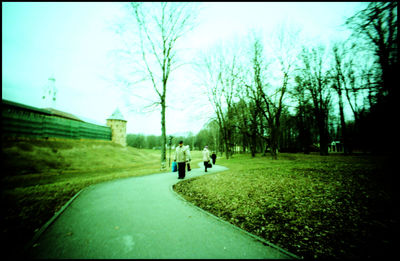 People walking on road by trees against sky