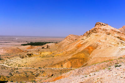 Scenic view of desert against clear blue sky