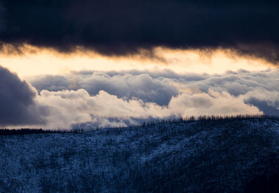 A wildifire burned ridge at sunset in the autumn.