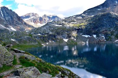 Scenic view of lake by snowcapped mountains against sky