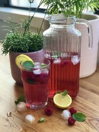 Glass of juice on table