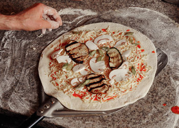 High angle view of pizza in plate