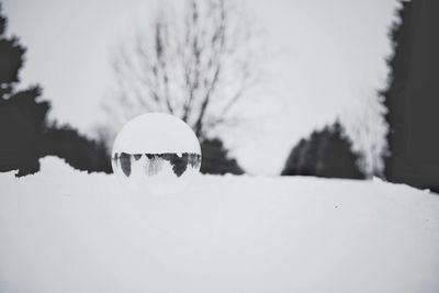 Close-up of snow on field against sky