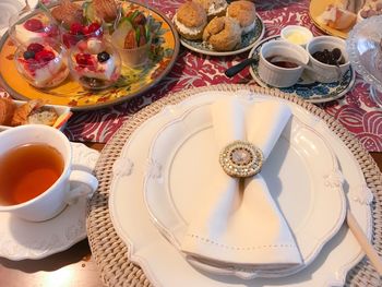 High angle view of breakfast on table