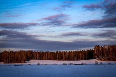 Scenic view of snow covered landscape against sky at sunset