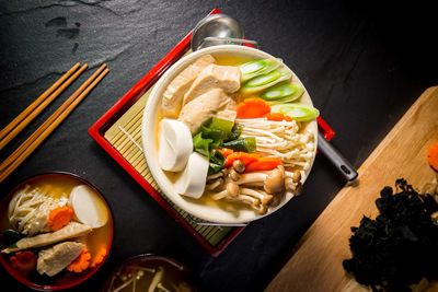 High angle view of food served on table