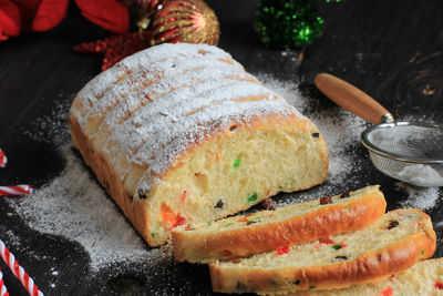 Christmas stollen. traditional sweet fruit loaf german bread