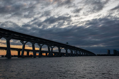Bridge over sea against sky at sunset