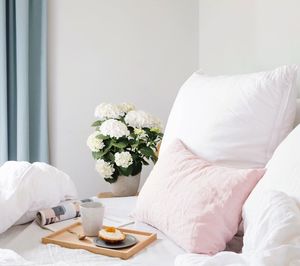 Close-up of white flowers in vase on bed