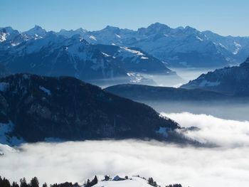 Scenic view of mountains against sky during winter