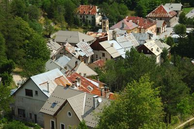 High angle view of buildings in town
