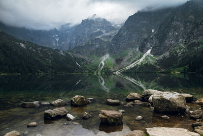 Scenic view of lake and mountains against sky