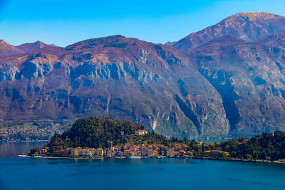 Scenic view of lake by mountains against sky