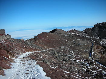 Scenic view of mountains against clear blue sky