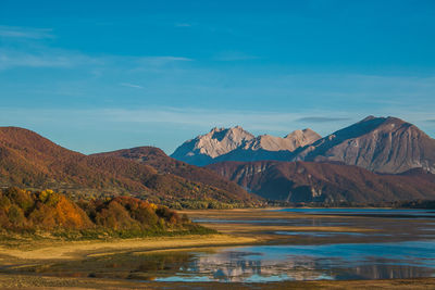 Scenic view of lake and mountains against sky