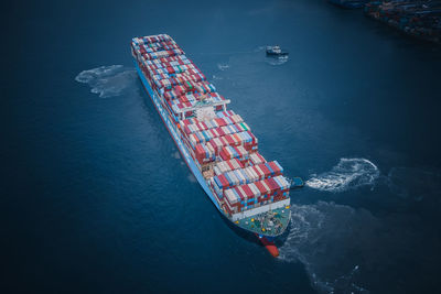 High angle view of ship sailing in sea