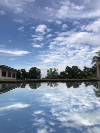 Reflection of trees in lake against sky