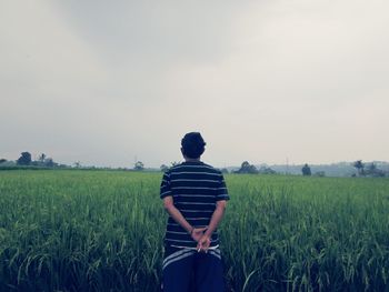 Rear view of man standing in farm against sky